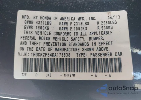 2013 Honda Accord Ex-L from USA, damaged, VIN 1HGCR2F84DA175638